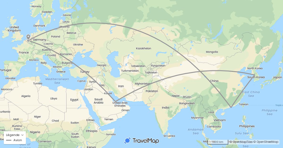 TravelMap itinerary: driving, plane in Belgium, China, South Korea, Qatar (Asia, Europe)